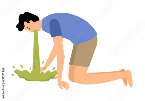 Man suffering from vomit in toilet vector illustration. Nausea throwing up from food poisoning or drunk.