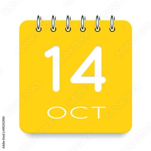 14 day of the month. October. Cute yellow calendar daily icon. Date day week Sunday, Monday, Tuesday, Wednesday, Thursday, Friday, Saturday. Cut paper. White background. Vector illustration.