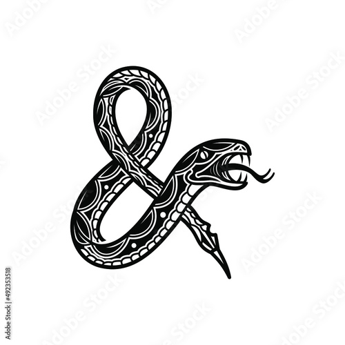 Ampersand and snake combine, on white background. Design element for logo, poster, card, banner, emblem, t shirt. Vector illustration