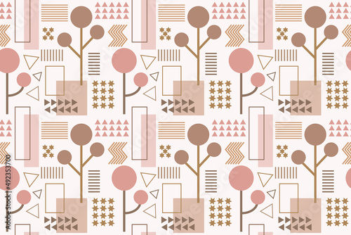 seamless pattern with trees and geometric shapes
