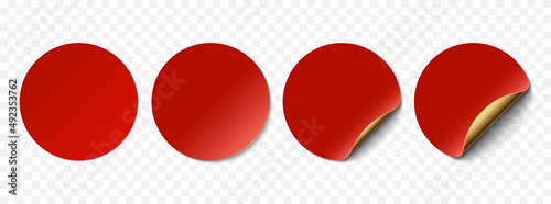 Vector red realistic paper stickers, price tags isolated. Set of round stickers curved with golden corner