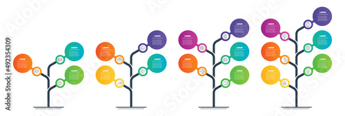 Development and growth of the business. Timeline of Social tendencies. Business presentation concept with 3, 4, 5 or 6 options, parts, steps or processes. Set of infographics in form of Trees.