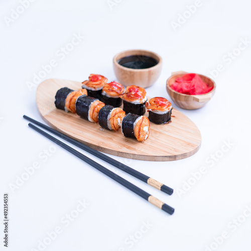 shrimp nigiri and sauce sushi on white background. Close Up of delicious japanese food with sushi roll.