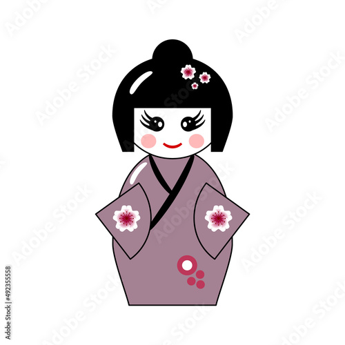 Cute kokeshi doll. Japanese traditional toy. Kawaii style girl in kimono. Cartoon style woman character. Kokeshi in lilac clothing with sakura decoration elements. Vector illustration, flat, clip art
