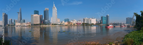Landscape photo  View of buildings located on the Saigon River. Time  March 13  2022. Location  Ho Chi Minh city