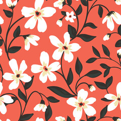 Stickers Vintage bloemen patronen Witte bloemen op rode achtergrond  © Yulya i Kot