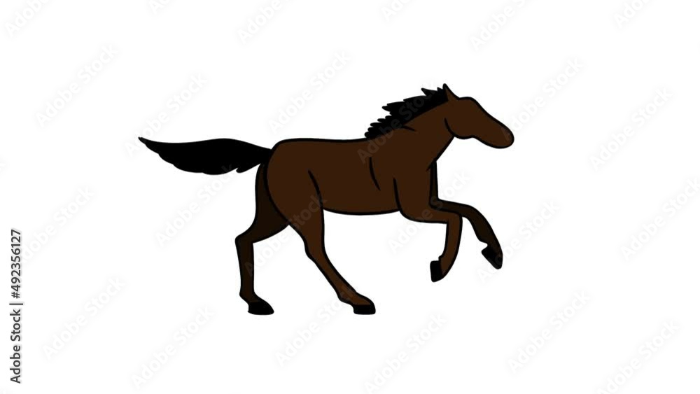 Animation of hand drawn frame-by-frame drawing in brown color of a silhouette of a horse in running on a white isolated background, on a background for a chromakey. High quality FullHD footage