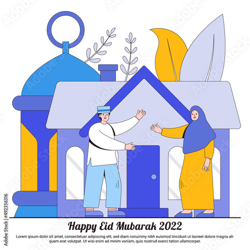 Happy Ramadan Mubarak Greeting with Muslim Family Characters, Lantern