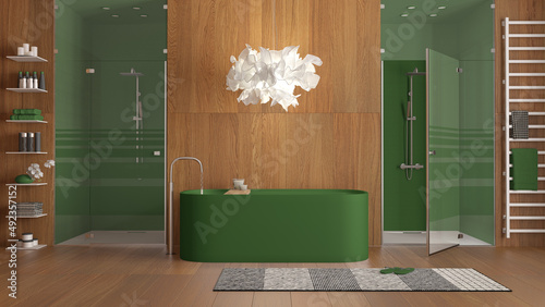 Fotografia Minimalist wooden bathroom, in green tones, spa style, freestanding bathtub, shower with mosaic tiles, rack with towels and shelves with accessories