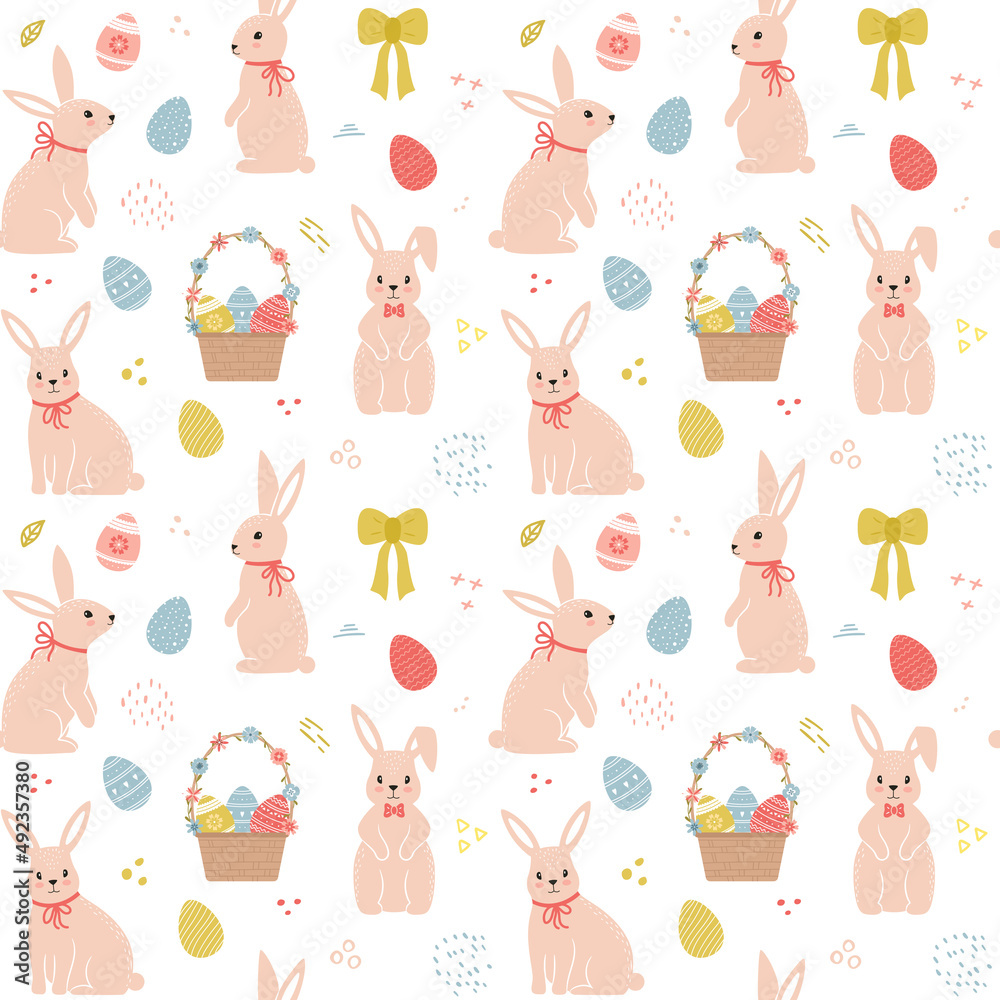 Seamless pattern with cute cartoon bunnies and Easter eggs, wicker basket and texture strokes. For wrapping paper, textiles, souvenirs. Color vector illustration on a white background.
