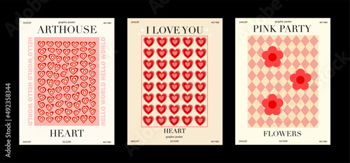 Collection of modern beautiful poster with hearts and flowers. Posters in different colors for your projects and presentations, prints on t-shirts and hoodies