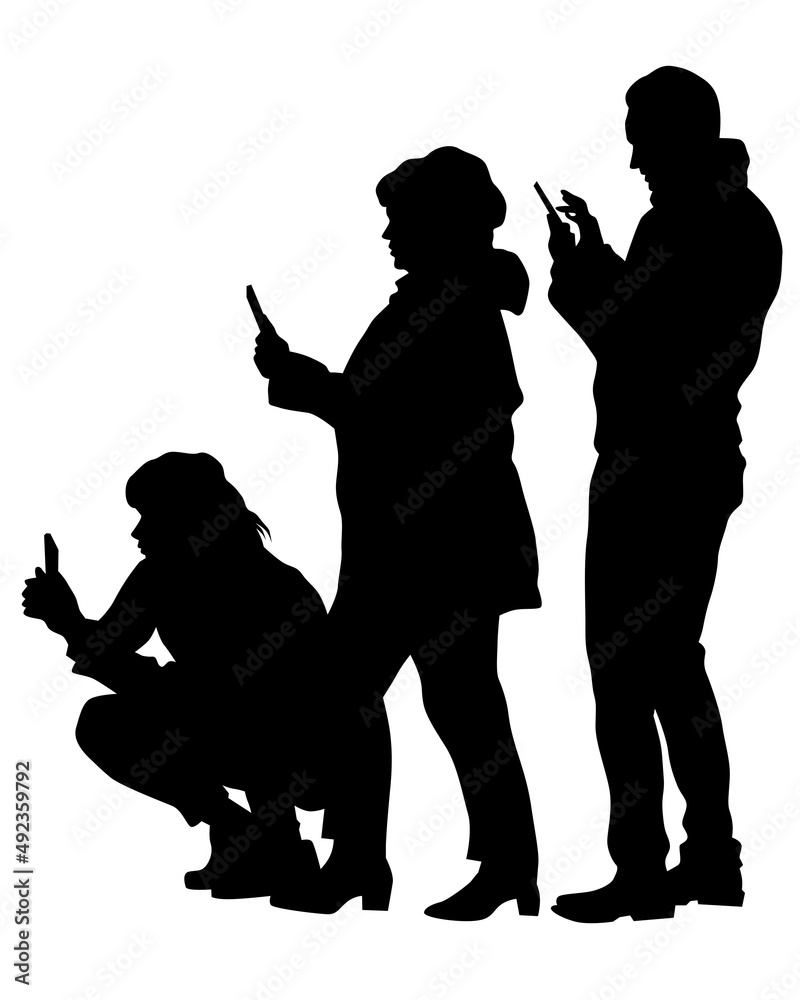 Young people holds a camera in her hand. Isolated silhouettes of people on a white background