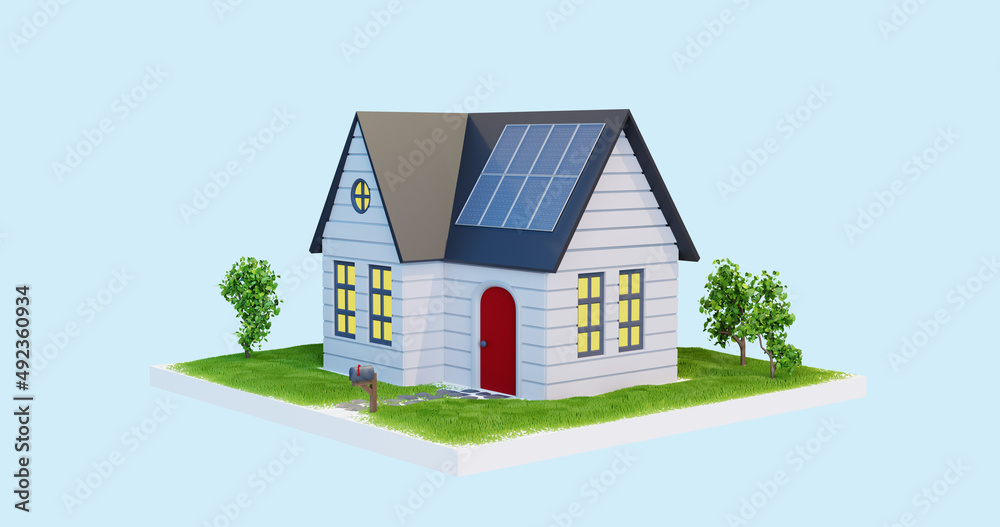 3d illustration of a simple house with solar panels on top, on the roof, charging, Green energy, environmentally friendly house, energy from solar panels, systems 3d illustration of a simple house with solar panels on top, on the roof, charging, Green energy, environmentally friendly house, energy from solar panels, systems