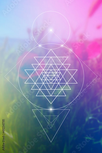 Sri Yantra sacred geometry spiritual new age futuristic illustration with interlocking circles, triangles and glowing particles in front of blurry natural photographic background
