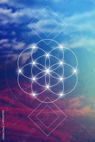 Flower of life - the interlocking circles ancient symbol in front of blurry photo background.