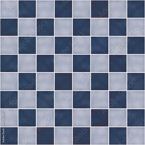 Illustration blue color small checkered square mosaic tile with texture seamless pattern background. Use for fabric, home and residential interior, exterior decoration elements.