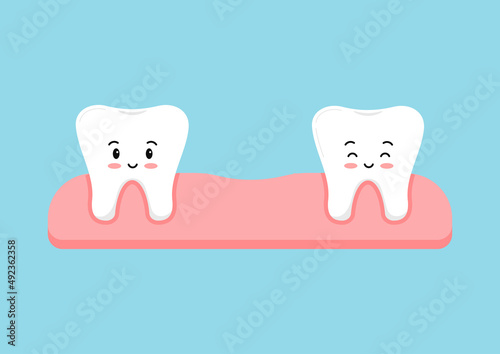 Lost baby teeth in gym cute character isolated. Dental fall emoji tooth sign. Vector flat design kawaii style kid dentistry mascot illustration.