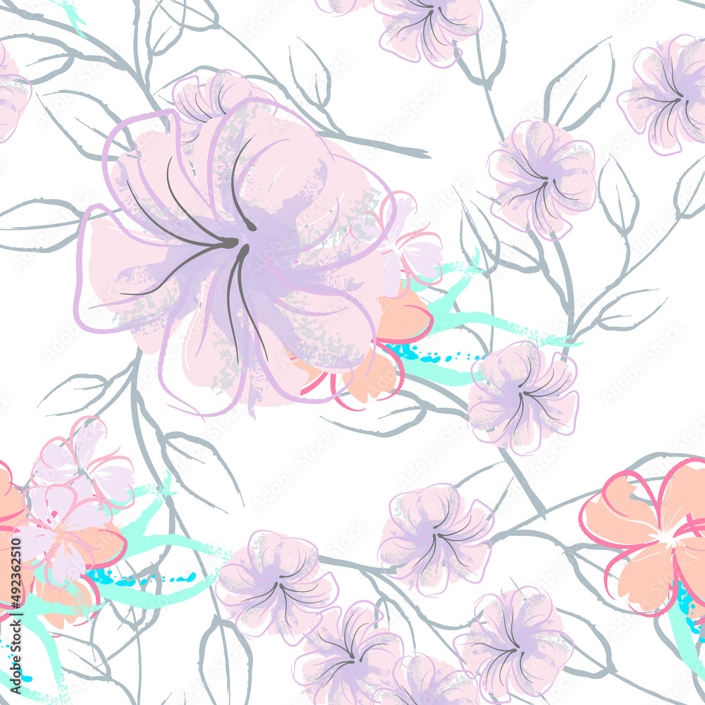 Obraz premium Pink Flowers Blooming Pattern. Pastel Watercolor.