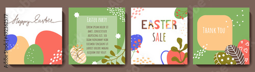 Happy Easter greeting card set. Cute spring backgrounds with eggs, flowers, organic dots and shapes. Colored flat vector templates for social media post, online internet ads, cover, invitation, poster
