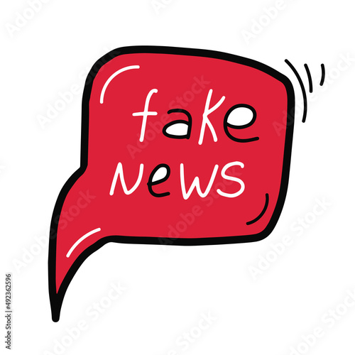Hand drawn Fake news speech bubble icon. False, hoax, desinformation cloud in doodle style. Red vector illustration isolated on white background