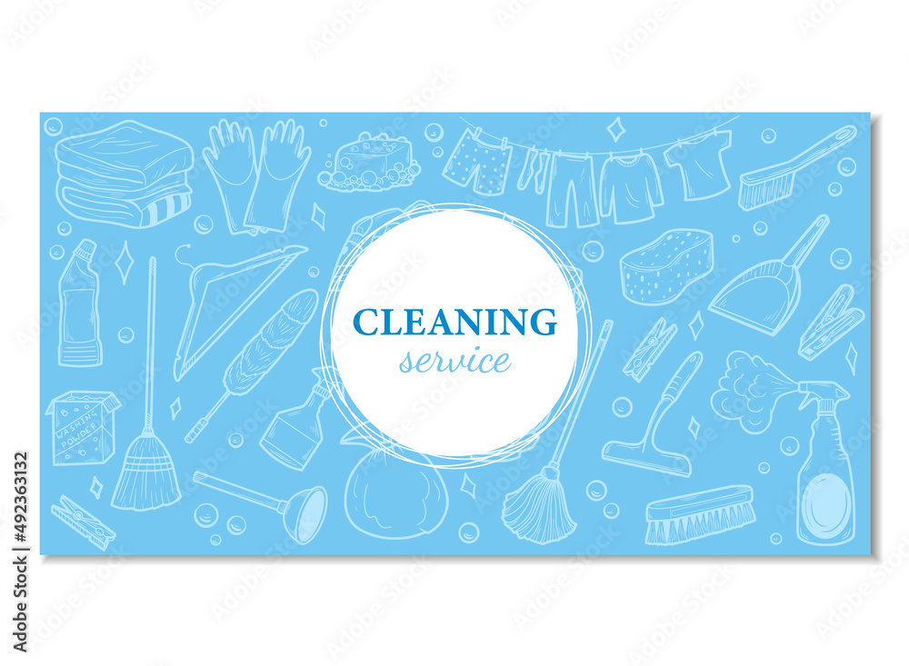 Hand drawn design visiting card for cleaning service. Clean Tools Banner Hand drawn Doodle style. Illustration for visiting, business card template, banner.
