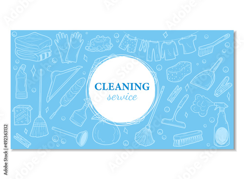Hand drawn design visiting card for cleaning service. Clean Tools Banner Hand drawn Doodle style. Illustration for visiting, business card template, banner.