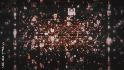 a social network with a stream of different people portraits wich moving along orange network grid and data connections in black cyberspace background, 3d rendering 4K footage