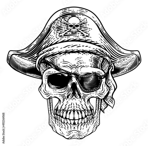 Pirate Skull Skeleton Grim Reaper Mascot Woodcut