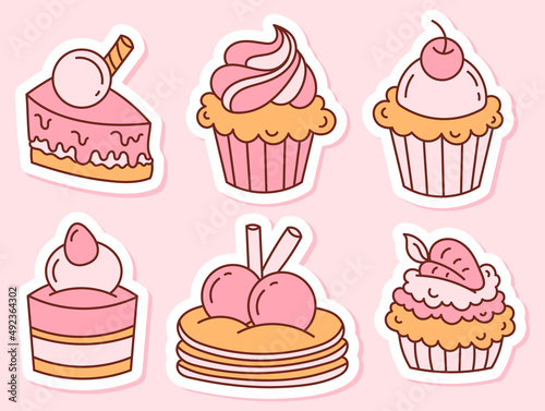 Wallpaper Mural A set of stickers cakes with cream and berries, sweets. Doodle illustration isolated on white background.	 Torontodigital.ca
