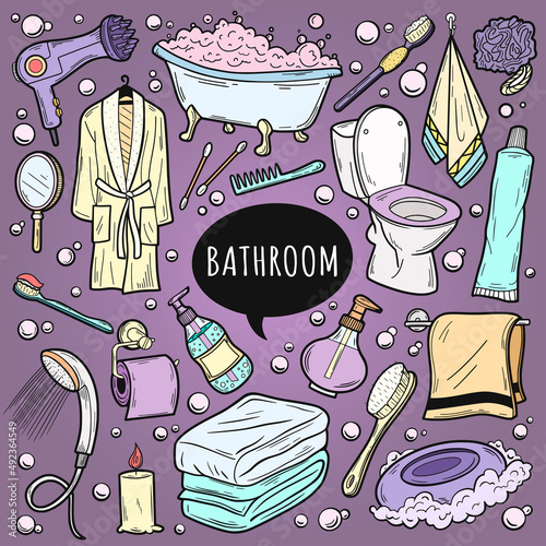 Hand drawn color doodle Bathroom icons set. Vector illustration home bath symbols collection. Doodle sketch toilet, shower, bathtub, lavatory, towel, robe. Illustration for icon, frame, background.