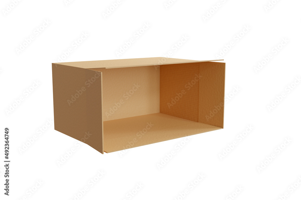 Opened empty brown cardboard box. Mockup template carton box isolated on white background. Rectangle format. Delivery concept. 3d render illustration. Opened empty brown cardboard box. Mockup template carton box isolated on white background. Rectangle format. Delivery concept. 3d render illustration.
