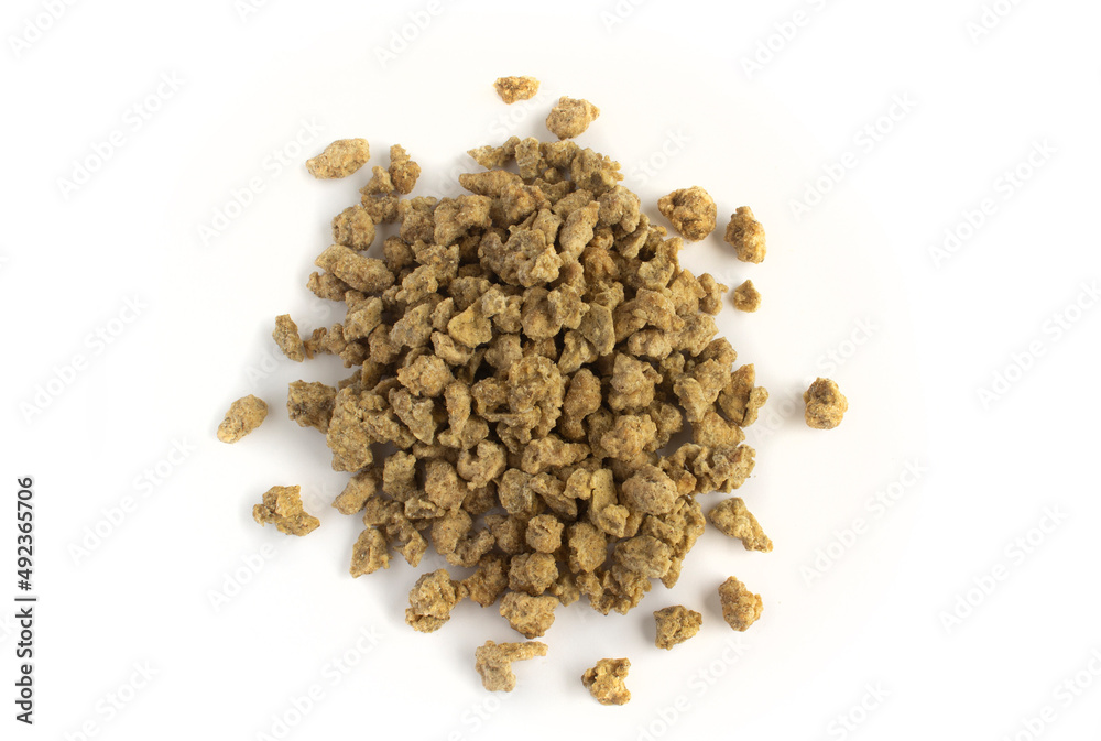 Freeze Dried Country Style Pork Breakfast Sausage Pieces in Pile Isolated on White Freeze Dried Country Style Pork Breakfast Sausage Pieces in Pile Isolated on White