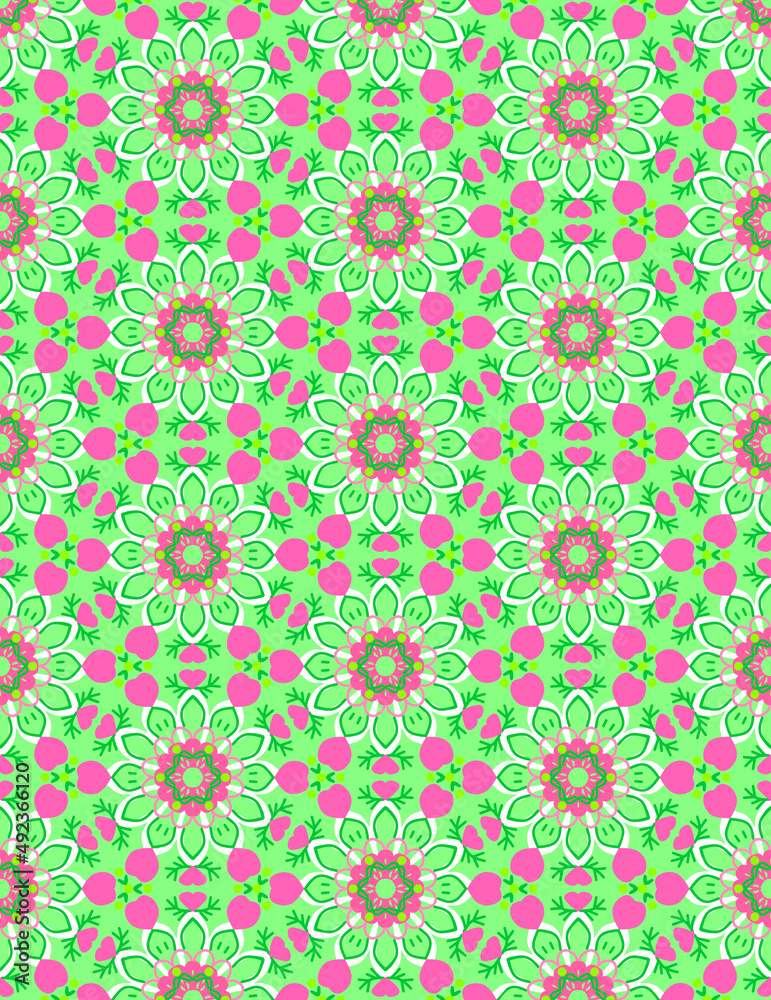 Abstract floral and geometric pattern with fantasy flowers and pink hearts on a light green background Flat design pink, white, yellow and green limited colors