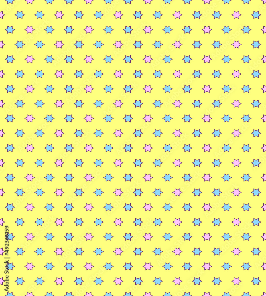 Cute simple geometric pattern with decorative blue and pink stars on a yellow background