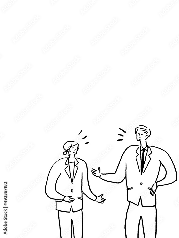 会話をするスーツ姿の女性と男性、線画（縦、右下配置）