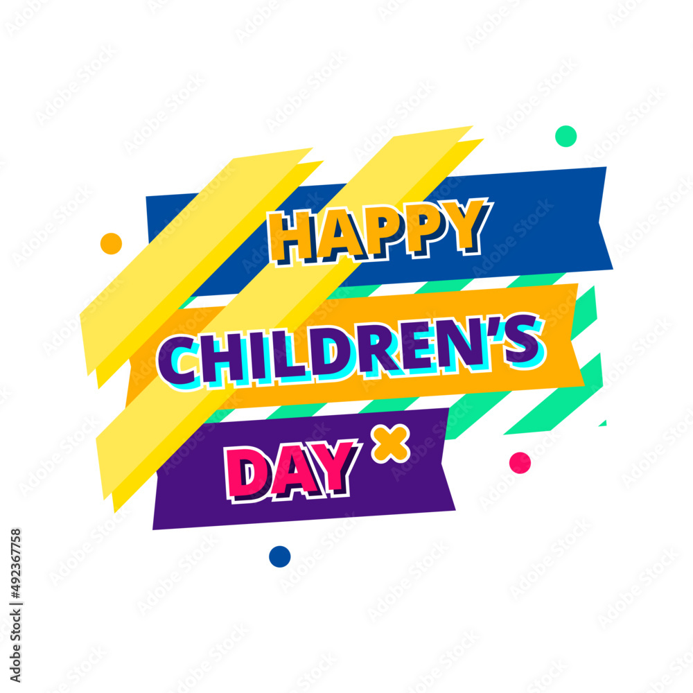 happy children's day yellow blue red flat label
