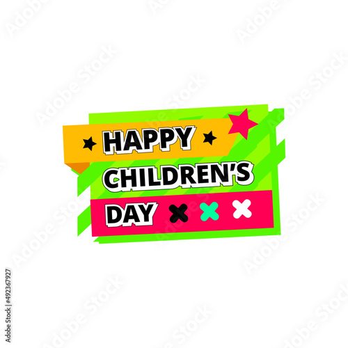 happy children's day green yellow red flat label