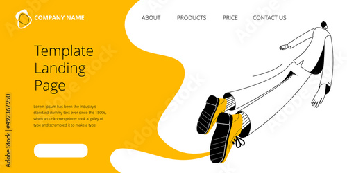 A man in a business suit flies away into the distance. Vector two-color illustration on the topic of leaving business. The template of the first screen for the landing page.