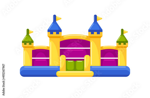 Bounce house, inflatable castle for kids summer game on playground or indoor. Children's trampoline design. Vector colorful flat illustration isolated on white background