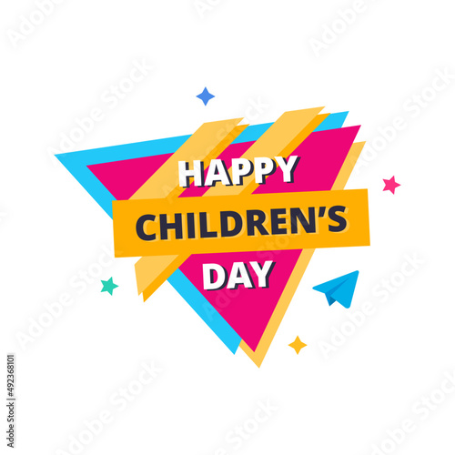 happy children's day yellow pink blue flat label