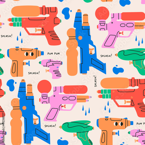 Various water Guns. Plastic summer toys for kids. Space laser guns design. Cartoon style pump pistols. Hand drawn modern Vector illustration. Square seamless Pattern. Background, wallpaper