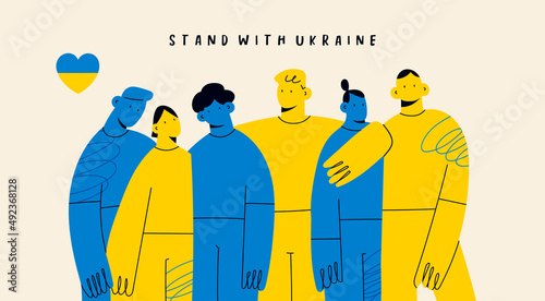 Group of brave people. Friends are standing, hugging together. Cartoon characters. Ukrainian flag colors. Stand with Ukraine. Save Ukraine from russia. Stop war. Hand drawn modern Vector illustration