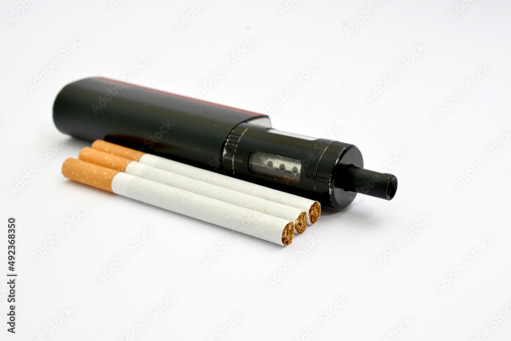 Vaping device, electronic cigarette and cigarettes white background