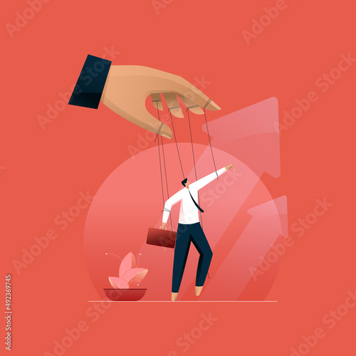 Businessman Controlled as Puppet on Strings, Hand of Boss Manipulating Worker