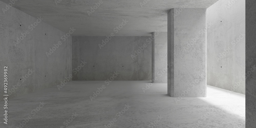 Abstract empty, modern concrete walls room with top light from right behind wide cement pillars - industrial interior background template Abstract empty, modern concrete walls room with top light from right behind wide cement pillars - industrial interior background template