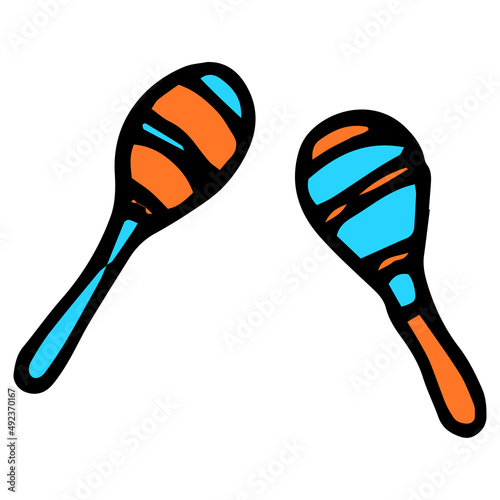 the icon of orange-blue maracas. a drawing of two striped, orange-blue maracas, drawn in the style of doodles, often isolated in white for a template. musical instrument for fiesta © Анастасия Винтовкина