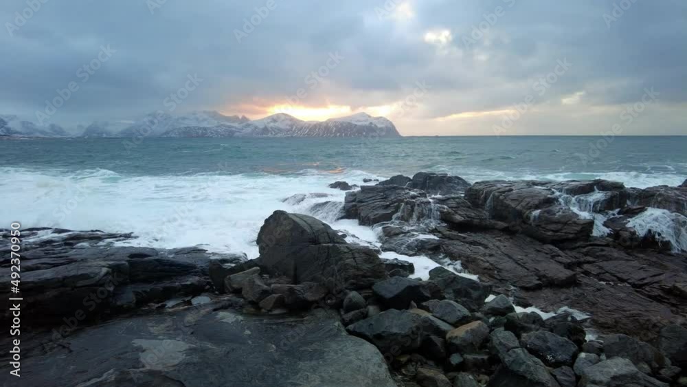 Norway winter storm in Lofoten , fiords landscape 4k Norway winter storm in Lofoten , fiords landscape 4k