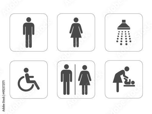 Set of Toilet Silhouette Icon. Collection of Symbols Restroom. Mother and Baby Room. Sign of Washroom for Male, Female, Disabled. 