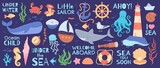 Cute marine animals, sea adventures, ocean elements with funny quotes. Underwater poster with octopus, shark, turtle, lighthouse, anchor, aquatic life vector illustration