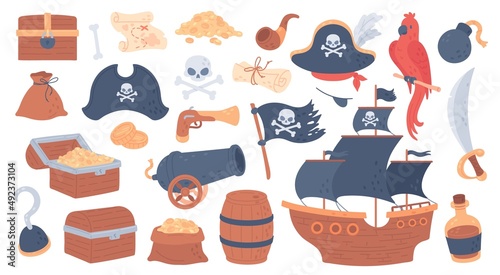 Pirates collection, sea adventures, pirate ship, flag with skull, treasures and gold. Rum bottle, parrot, treasure chest, map, cannon, pirate adventure vector set
